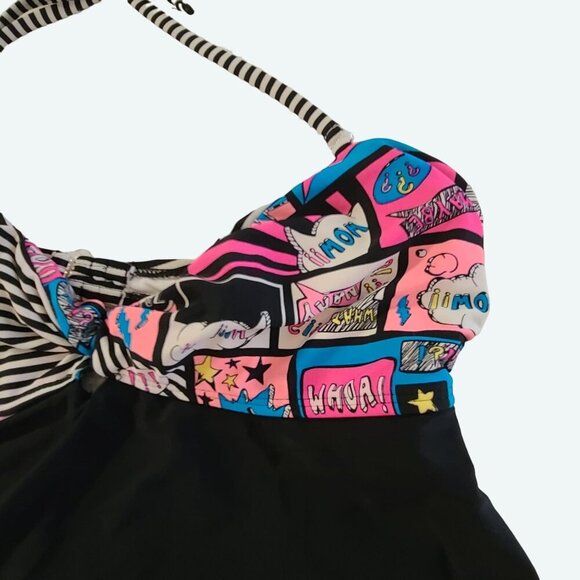 Ocean Pacific Colorful Comic-Print & Striped‎ Halter Bikini Top With Black Skirt - Picture 3 of 6